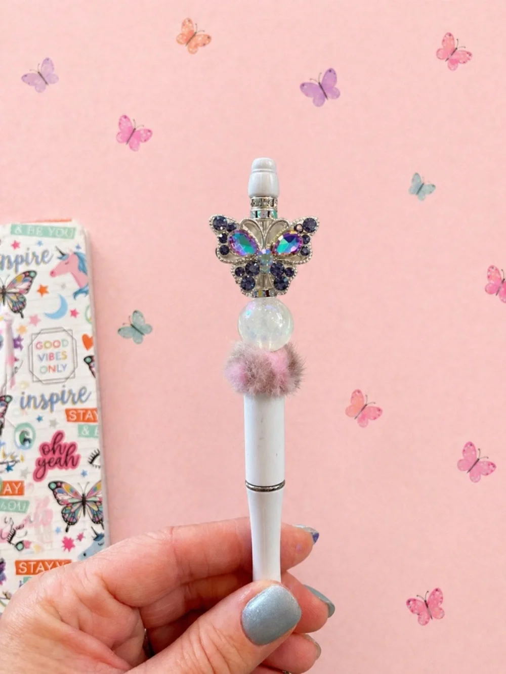 Beautiful rhinestone with faux fur bead, butterfly pen & Cute matching Notebook